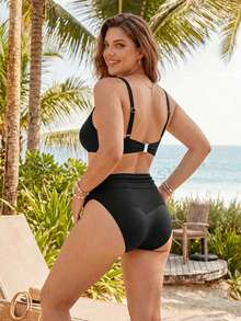 Swim Chiccia Plus Size Women's Summer Beach Solid Color Ruched Bikini And Triangle Bottoms Two-Piece Swimsuit Set White Sexy - Black - View 2