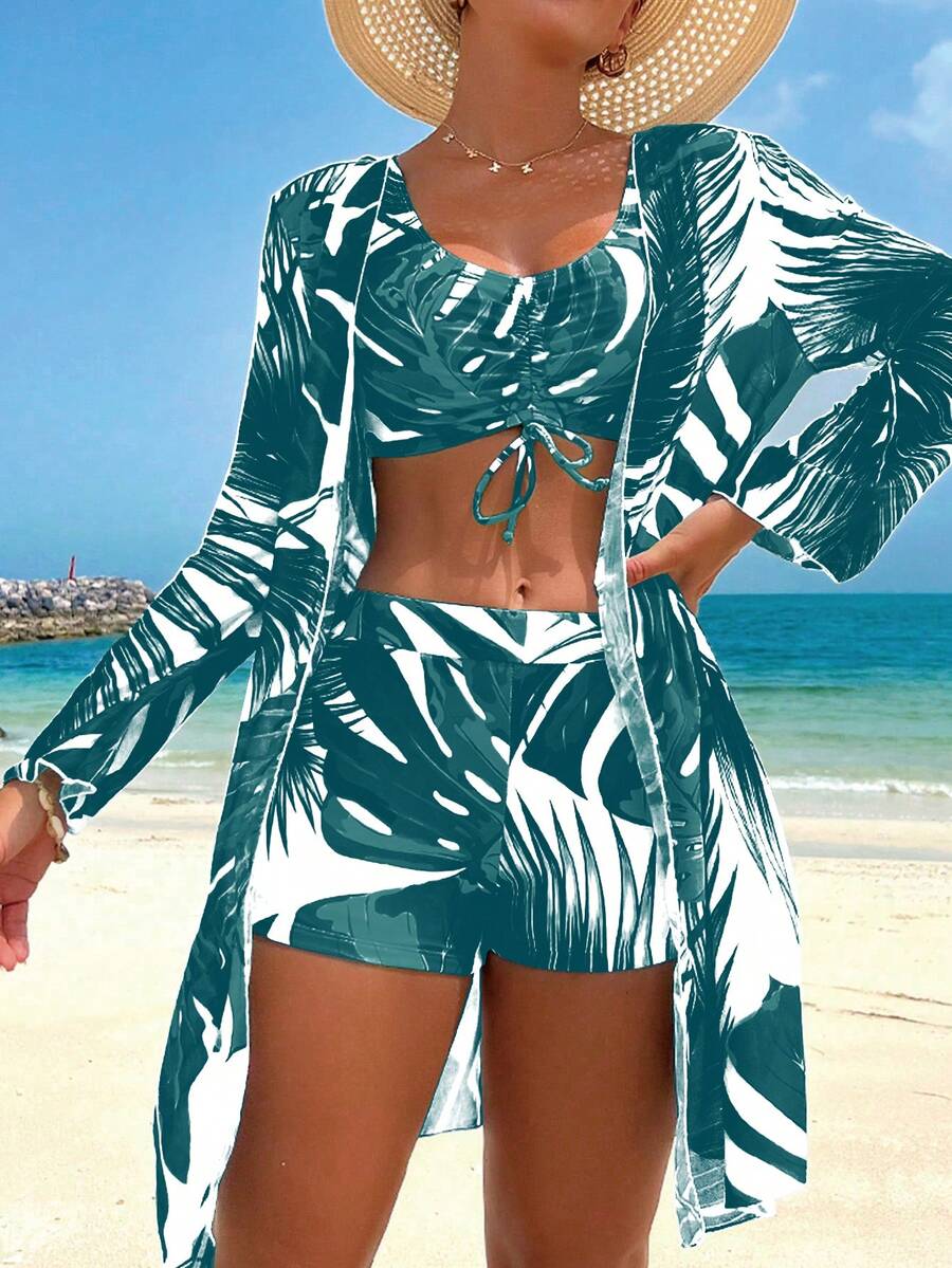 Swim Lushoire Conjunto de traje de baño de dos piezas para mujer de verano y playa con bikini de bloques de color y volantes, shorts y bata de cobertura - Multicolor - Ver 1