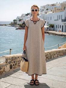 Faunlyn Women's Piped Keyhole Neckline Ruffle Sleeve Midi Dress Vacation Summer Casual French Everyday Going Out Holiday Outfits Black And Silver - Khaki - View 8