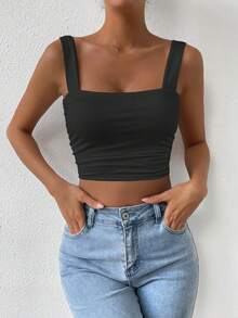 Allurite Solid Color Square Neck Slim Fit Pleated Tank Top - Black - View 8