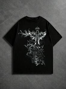 ROMWE MEN Street Life Men's Cross Print Crew Neck Casual Loose Short Sleeve T-Shirt - Black - View 1