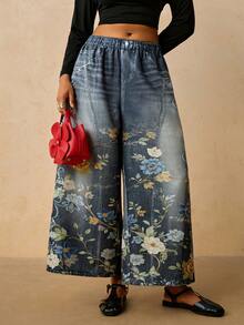 Travachic Plus Size Women's Floral Print Wide Leg Loose Casual Long Pants Fall - Black - View 1
