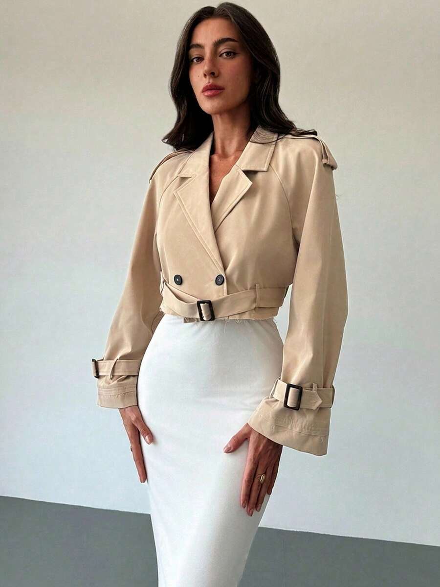 Aloruh 女式简约束腰休闲卡其色短款风衣，秋季