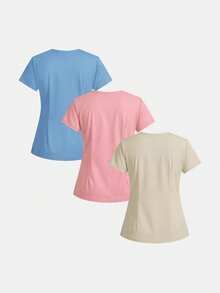 TaskEZ Solid Color V-Neck Short Sleeve Dual Pocket Scrub Uniform Top - Multicolor - View 2