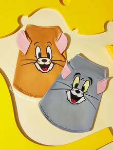 TOM & JERRY X SHEIN 1件裝可愛卡通寵物背心，四季透氣無袖狗貓背心，附3D耳朵，灰色湯姆貓臉印花小狗襯衫，多尺寸XXS-XXXXXL適用小型、中型、大型犬貓，寵物主人與愛好者的完美禮物 - 咖色 - 查看 2