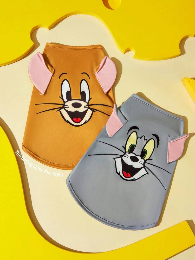 TOM & JERRY X SHEIN قطعة واحدة من ملابس علوية بدون أكمام لطيف كرتوني للحيوانات الأليفة، سترة كلب وقطة قابلة للتنفس بدون أكمام مع آذان ثلاثية الأبعاد، طباعة وجه توم الرمادي، ملابس علوية جرو، أحجام متعددة من XXS إلى XXXXXL للكلاب والقطط الصغيرة والمتوسطة والكبيرة، هدية مثالية لأصحاب الحيوانات الأليفة والمعجبين - لون القهوة - مشاهدة 2