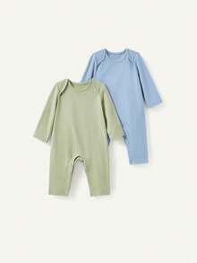 Cozy Pixies Baby Boy Casual Solid Color Long Sleeve Overlapping Shoulder Jumpsuit 2pcs Set - Multicolor - View 9