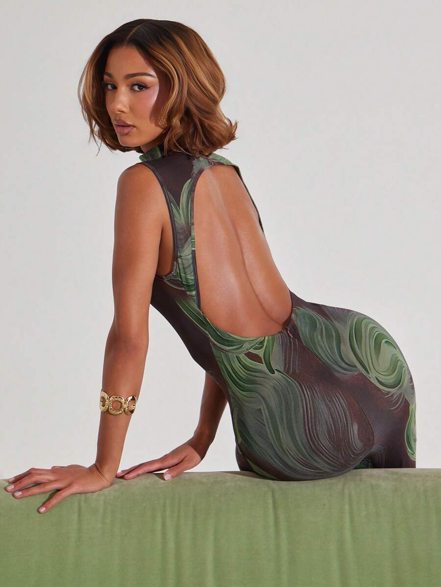 NYA SZN Robe longue en maille fausse avec imprimé central - Tabac - Voir 1
