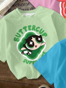 THE POWERPUFF GIRLS X SHEIN 女童休闲可爱字母卡通人物印花短袖T恤，夏季 - 彩色 - 查看 3