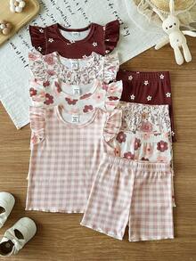 SHEIN Vintaside Kids 嬰兒女童多件套裝 夏季圓領無袖簡約時尚日常數位印花背心搭配休閒簡約時尚針織羅紋短褲套裝 適合外出、公園散步、日常休閒、露營、野餐及度假穿著 - 彩色 - 查看 1