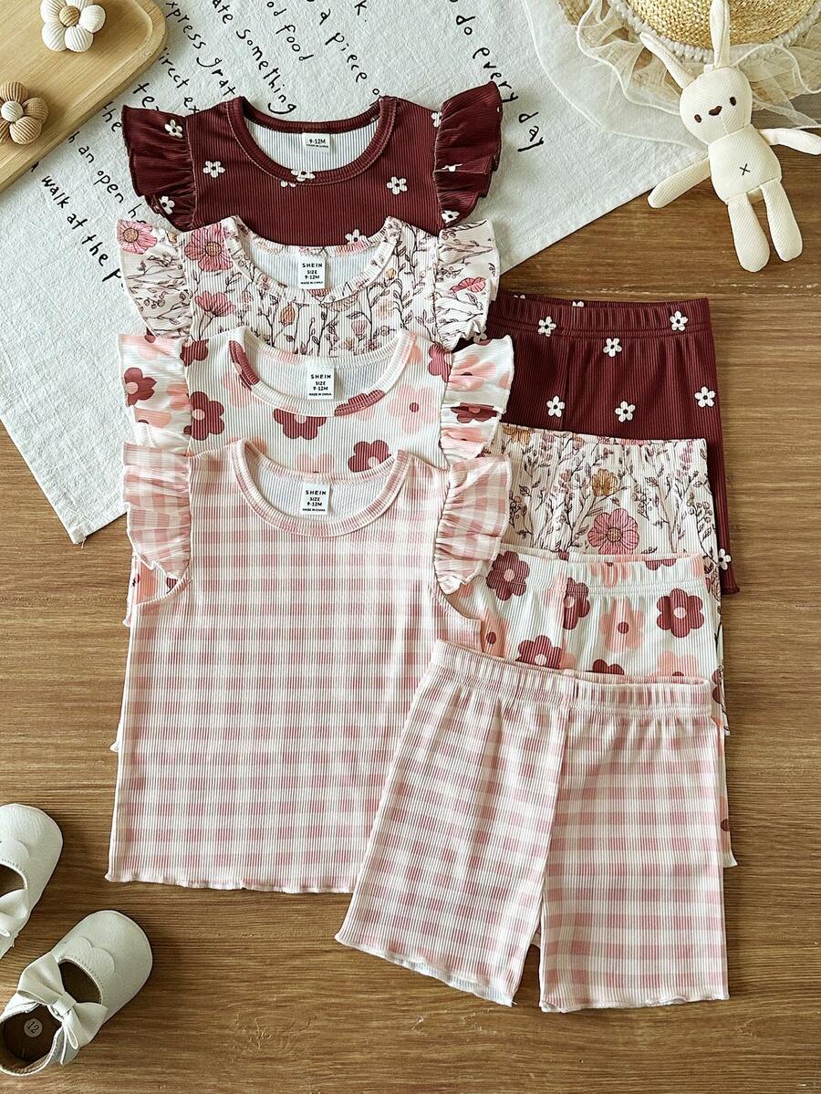 SHEIN Vintaside Kids 嬰兒女童多件套裝 夏季圓領無袖簡約時尚日常數位印花背心搭配休閒簡約時尚針織羅紋短褲套裝 適合外出、公園散步、日常休閒、露營、野餐及度假穿著 - 彩色 - 查看 1