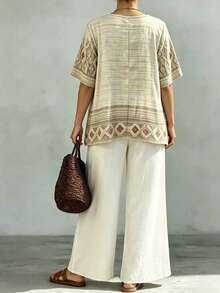 EMERY ROSE Conjunto de 2 piezas de estilo bohemio vintage para mujer de talla grande, blusa con estampado floral combinada con pantalones holgados en beige, conjunto relajado y cómodo adecuado para salidas casuales diarias, uso en casa, conjunto vintage de 2 piezas sencillo para vacaciones en el campo - Multicolor - Ver 2
