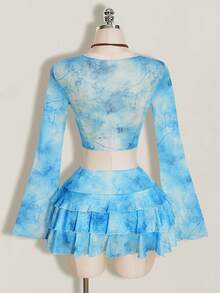 SHEIN ICON Vintage Distressed Print Open Front Mesh Top & Layered Hem Skirt Women's 2 Pieces Set - Blue - View 3