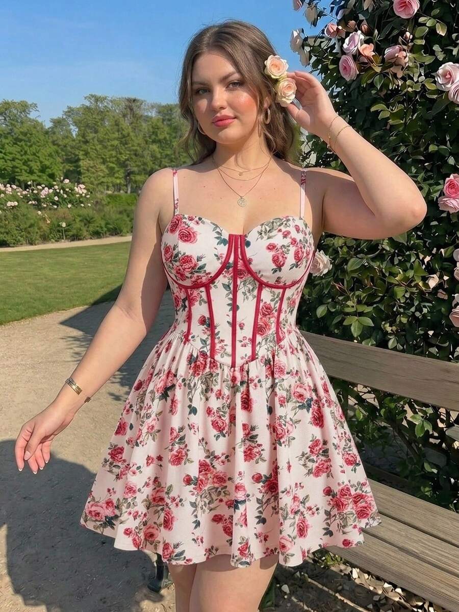 SHEIN MOD 大码夏季波西米亚风印花连衣裙，花园派对的完美之选；女士印花拼接撞色连衣裙，充满艺术气息；适合夏秋季穿着；田园复古风；印花中长连衣裙；花园派对连衣裙；玫瑰印花连衣裙；优雅派对生日派对连衣裙；优雅派对连衣裙。