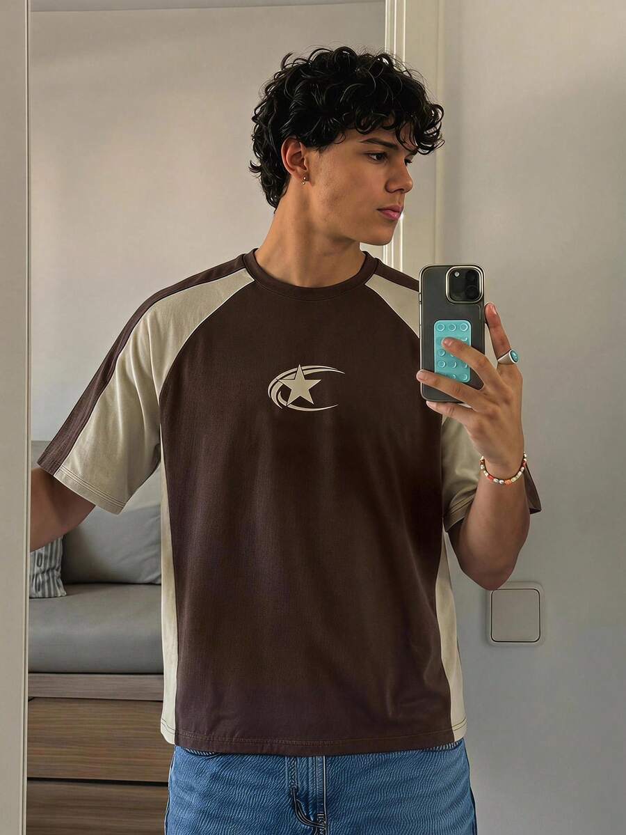 SWAVVY Casual Men's Star Print Raglan Short Sleeve T-Shirt - Brown - View 1