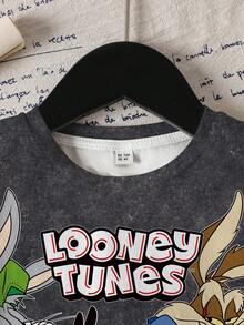 LOONEY TUNES X SHEIN 男嬰卡通圖案印花短袖圓領T恤 - 白色 - 查看 3