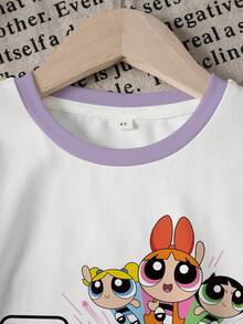 THE POWERPUFF GIRLS X SHEIN 小女孩卡通印花T恤和短裤套装 - 白色 - 查看 3