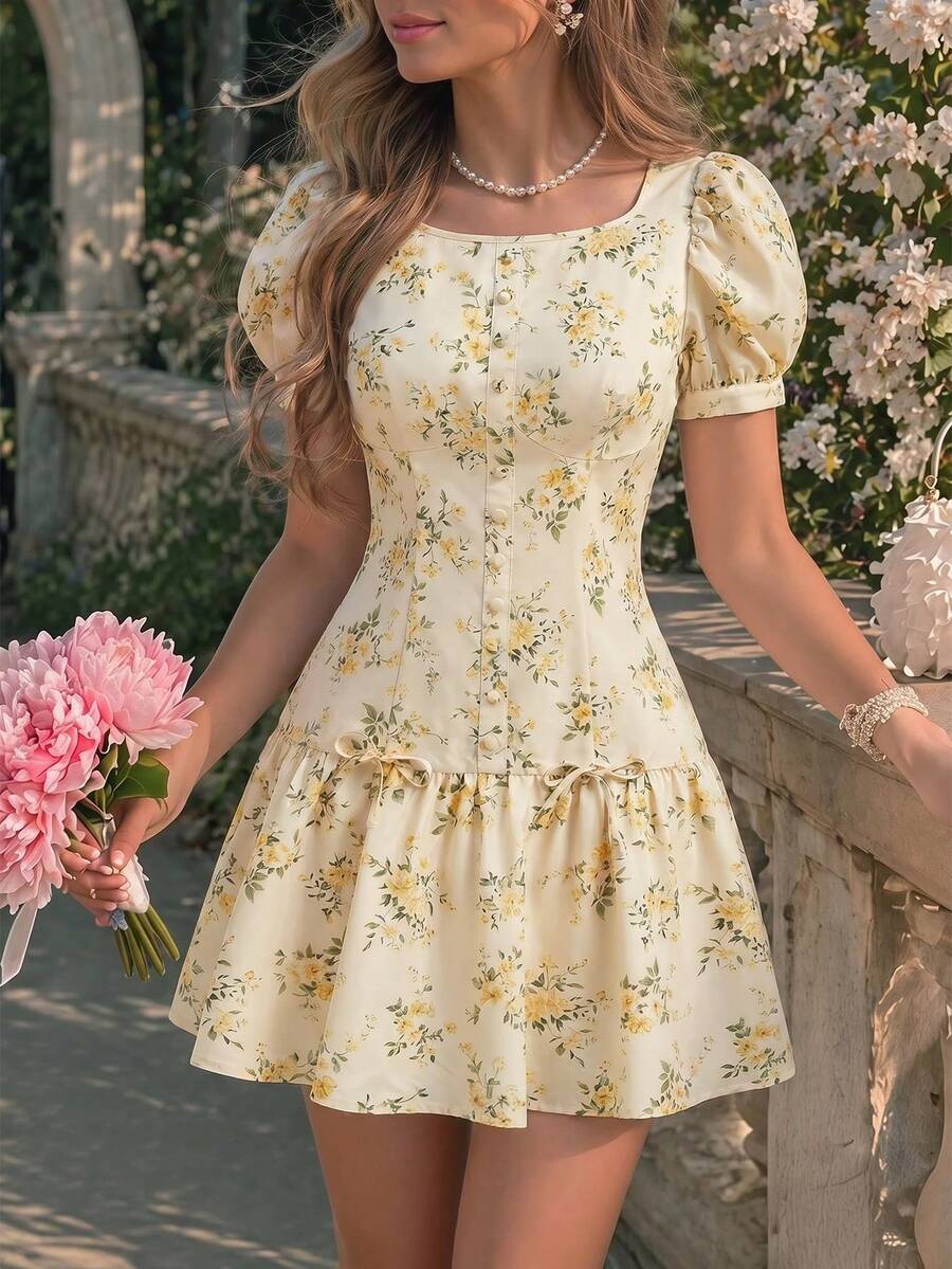 Skyraze Women's Floral Pattern Short Puff Sleeve Casual Mini Dress Brunch Party Beige Summer - Yellow - View 1