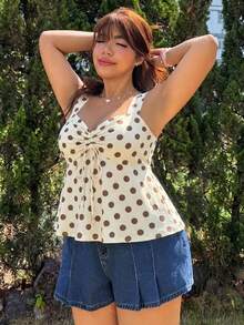 Muchica Plus Size Women's Polka Dot Print Front Drawstring Thick Strap Tank Top - Multicolor - View 6