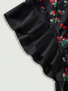 SHEIN MOD Ruffle Trim Patchwork Front Tie Strawberry Print Contrast Color One-Piece Swimsuit - Black - View 4