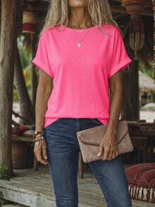 EMERY ROSE Women's Solid Color Simple Daily Round Neck Short Sleeve T-Shirt - Pink - View 3
