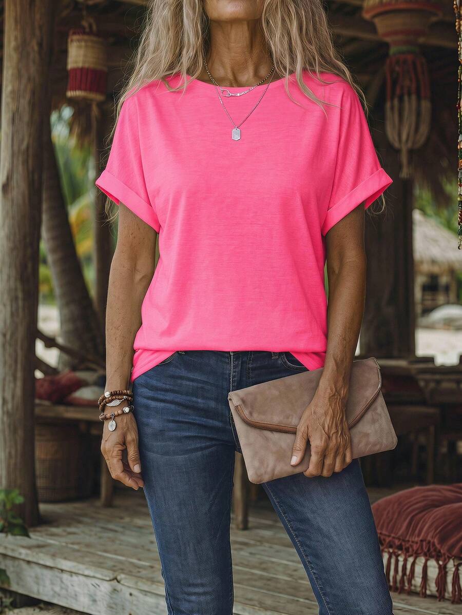 EMERY ROSE Women's Solid Color Simple Daily Round Neck Short Sleeve T-Shirt - Pink - View 1