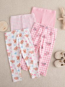 SHEIN 女嬰 0-3歲 夏季&秋季 休閒可愛風格 4件組 簡單外出套裝，條紋印花褲&熊圖案白色布料褲&熊圖案粉色布料褲&熊圖案格紋布料褲。舒適衣物適合戶外活動 - 彩色 - 查看 2