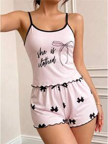 SHEIN Setelan Piyama Camisole Lengan Pendek Motif Bahagia untuk Anak Perempuan, Cocok untuk Musim Gugur, Musim Dingin, dan Sepanjang Tahun - Berwarna merah muda - View 6
