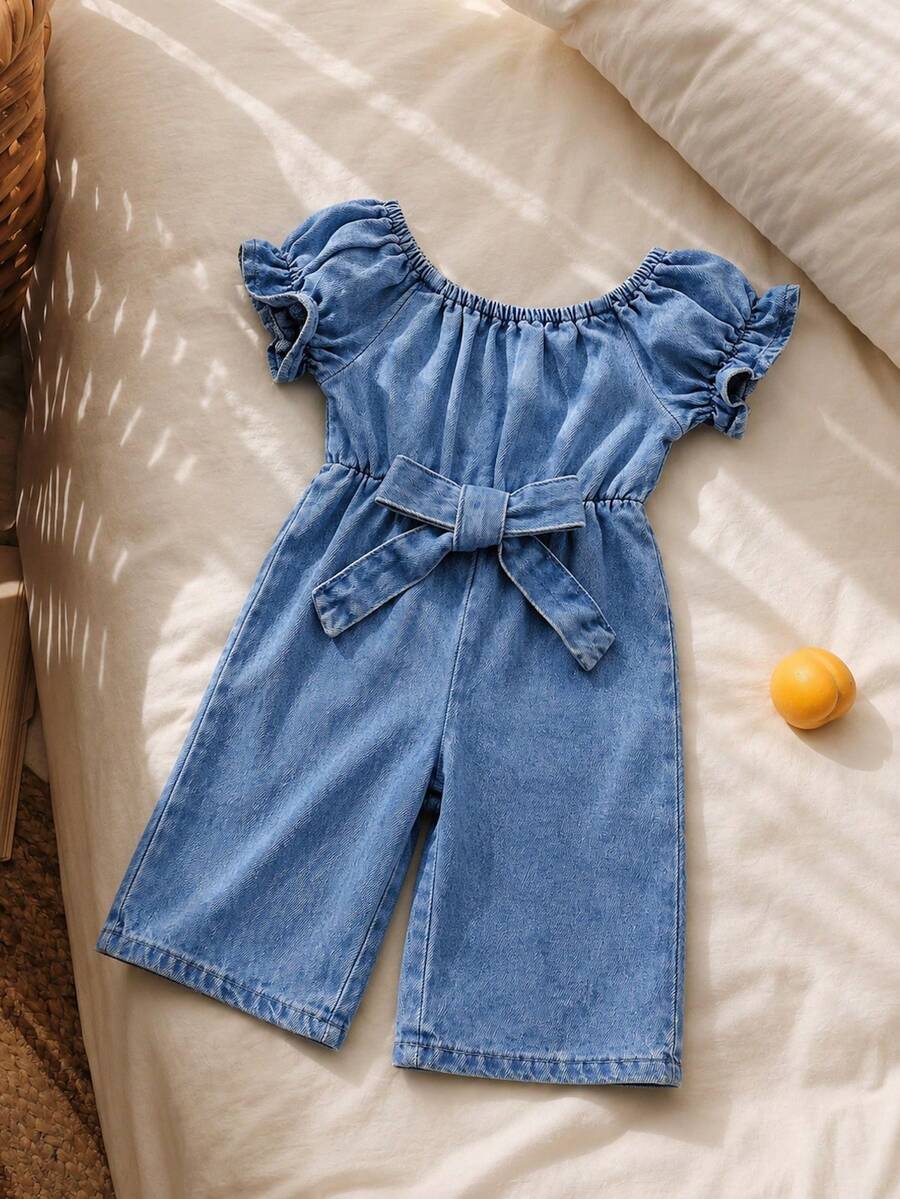 SHEIN 女婴蓝色牛仔宽松荷叶边连体衣 - 淺色水洗藍 - 查看 1