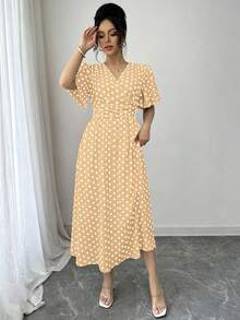 SHEIN LUNE 女款圓點圖案重疊V領荷葉邊短袖優雅洋裝 - 黃色 - 查看 5