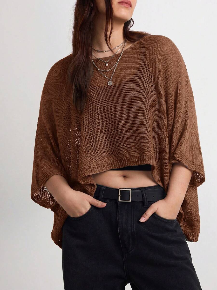 Easelle Women's Solid Color Boat Neck Batwing Sleeve Cropped Sweater - Brown - View 1
