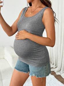 SHEIN 孕婦純色圓領哺乳功能休閒日常百搭背心上衣 - 灰色 - 查看 7