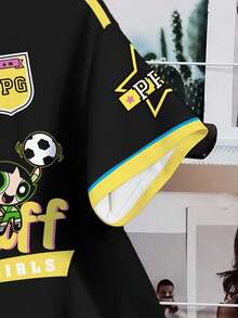 THE POWERPUFF GIRLS X SHEIN 女士撞色圆领短袖可爱卡通印花休闲T恤 - 白色 - 查看 5