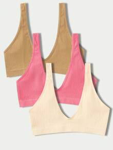 Esseday 3pcs/Set Women's Comfortable Solid Color Ribbed Bras - Multicolor - View 2