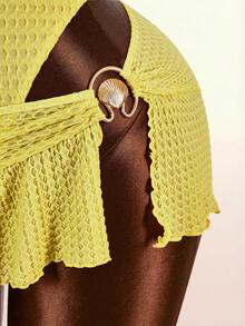 Amplova Ensemble de maillot de bain pour femmes, maillot de bain une pièce dos nu à col licou avec décoration en coquillage métallique et jupe de plage - Jaune clair - Voir 5