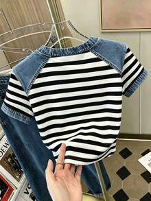 Franclia Camiseta casual de mujer de cuello redondo con parches, camiseta efecto denim, camiseta a rayas, camiseta casual cómoda para exteriores, camiseta para todas las estaciones - Azul Marino - Ver 2