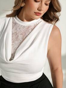 Chikora Plus Size Women's Camisole And Tank Top, Elegant All Season Wear Traceable Lace Patchwork Elastic Comfortable Brunch White Summer - White - View 5