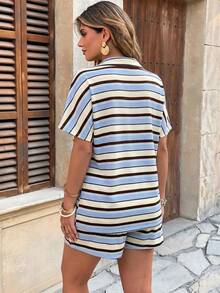 Vionelle Plus Size 2pcs Casual Knit Navy Blue Short Sleeve Top And Shorts Set, Spring/Summer Beach Formal - Blue - View 2