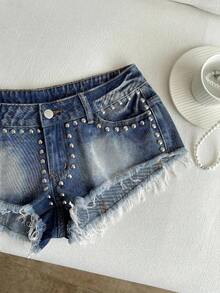 SHEIN Women's Ultra Low Waist Rivet Vintage Denim Mini Shorts - Blue - View 3