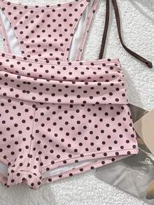 Swim Vcay Spring/Summer Women's New Polka Dot Print Halter Neck Solid Color Drawstring Top With Side Tie Pants And Bikini Bottoms Elegant Vacation Swimwear 3-Piece Set - Multicolor - View 7