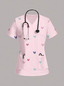 SHEIN Essnce 休閒心形圖案女款刷手服上衣，適合夏季 - 彩色 - 查看 1