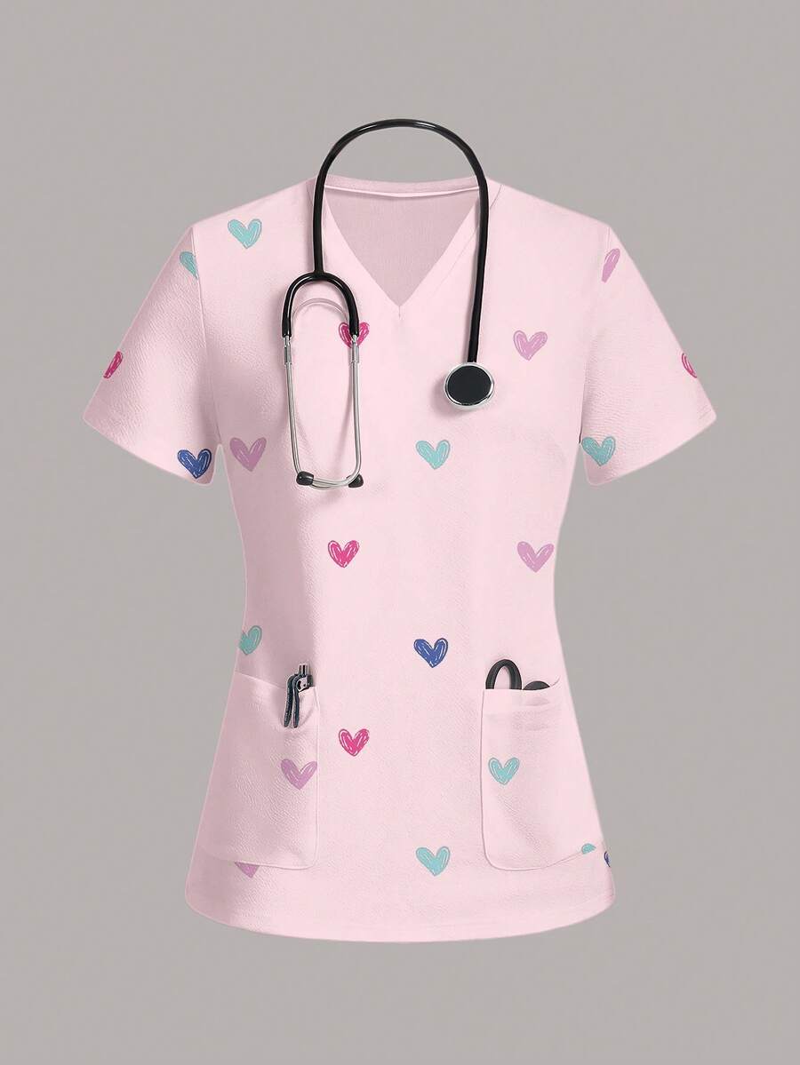 SHEIN Essnce 休閒心形圖案女款刷手服上衣,適合夏季 - 彩色 - 查看 1