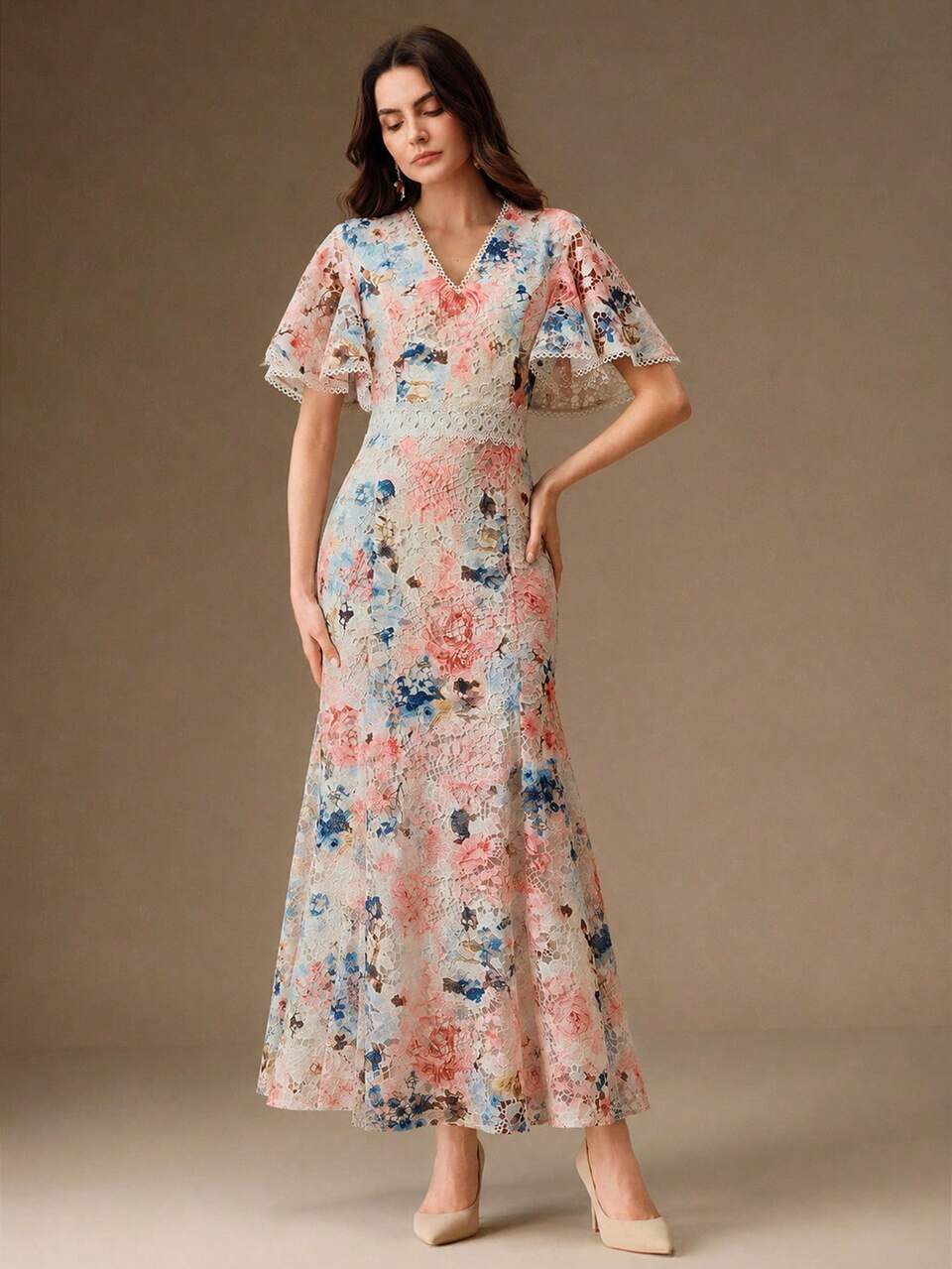 Anewsta New Summer Romantic Elegant Bright Water-Soluble Lace Floral Waist-Cinching Dress Vacation Off White