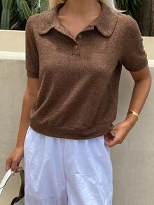 Livesso Women's Spring/Summer Brown Knit Loose Casual Polo Shirt With Collar And Short Sleeves - Khaki - View 3