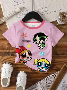 THE POWERPUFF GIRLS X SHEIN 少女圓領卡通印花休閒百搭日常出遊短袖T恤 - 白色 - 查看 3