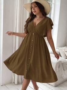 Vionelle Vestido con botones y volantes talla grande - Café integral - Ver 4