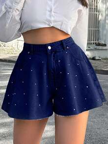 EURMUSE 100Cotton MID WAIST DIAMOND DETAILED SHORT Work Navy Blue Summer Streetwear - Dark Wash - View 6