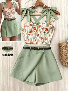 GlowEve Women's Tulip Print Cami Top With Shoulder Tie Bow Design, Matcha Green High Waist Asymmetrical Skort With Belt, Elegant Slim Fit Commute 2-Piece Set - Multicolor - View 9