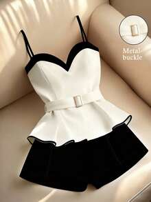 SHEIN Franclia 2pcs Women's Spaghetti Strap Top And Pants Set,Elegant Black And White Contrast Color,Buckle Decoration,Waist Belt Design,Summer Party New Arrival - Black and White - View 4