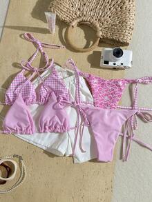Swim Oasis 4件組夏季度假泳裝套裝，隨機甜美粉色花卉印花可正反穿，掛脖三角比基尼上衣與高衩比基尼泳褲，性感比基尼套裝，辣妹掛脖綁帶泳裝套裝，適合海邊拍照 - 彩色 - 查看 3